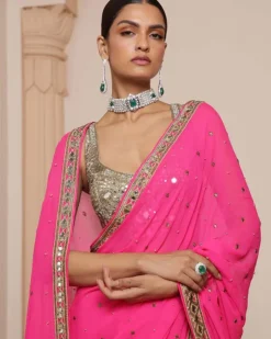 Pink And Gold Embroidered Sari Set