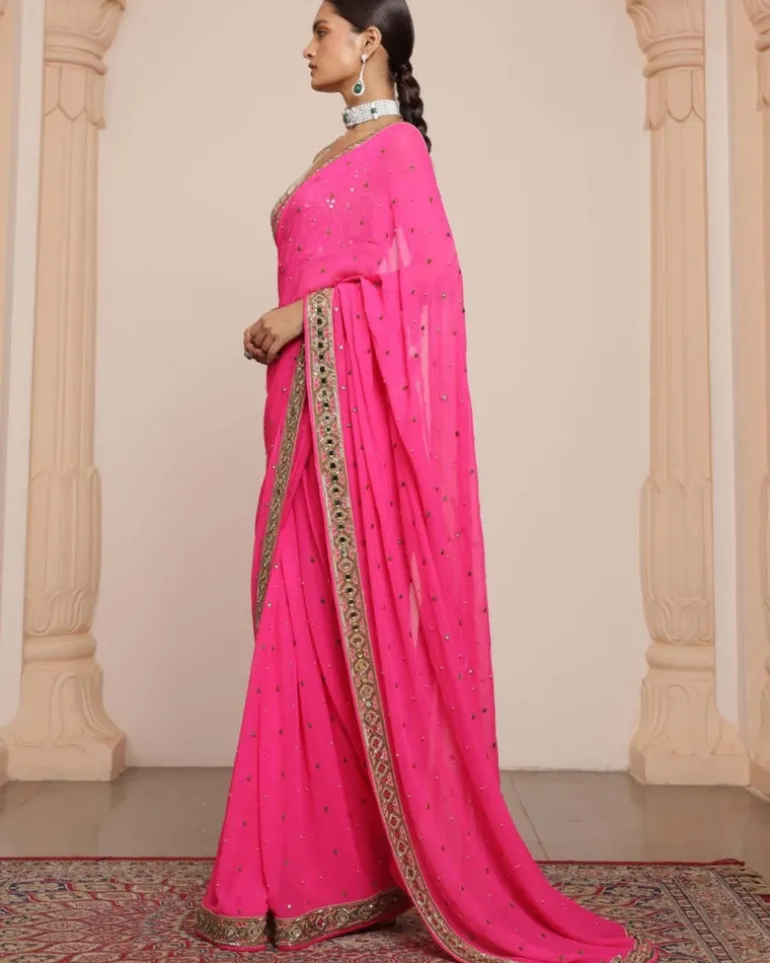 Pink And Gold Embroidered Sari Set