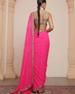 Pink And Gold Embroidered Sari Set