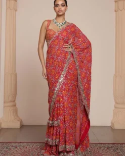Pink And Rose Gold Ruffle Sari Set