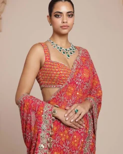 Pink And Rose Gold Ruffle Sari Set