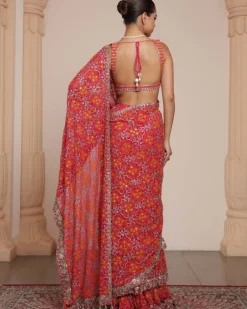 Pink And Rose Gold Ruffle Sari Set