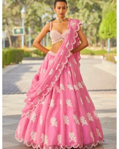 Pink Applique Flower Lehenga Set