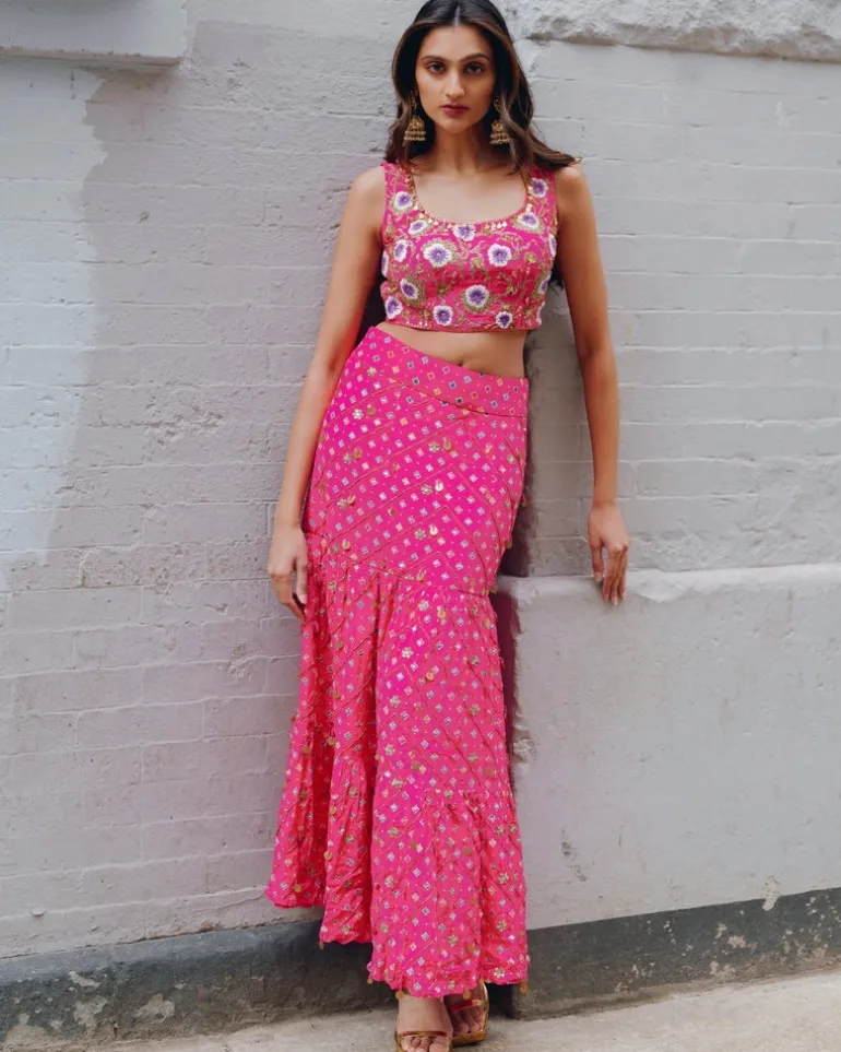 Pink Bandhani Skirt Set