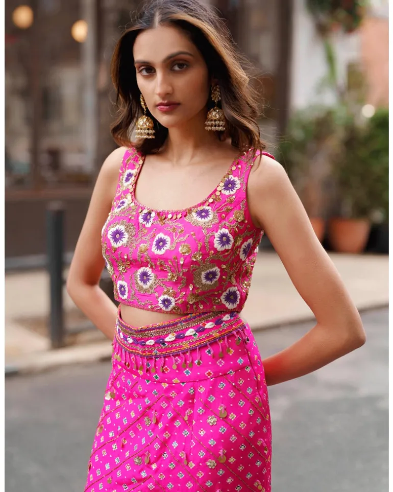 Pink Bandhani Skirt Set
