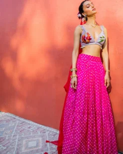 Pink Bandhini, Lilac & Red Lehenga