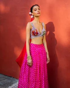 Pink Bandhini, Lilac & Red Lehenga