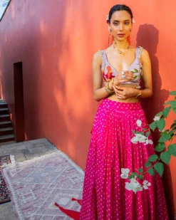 Pink Bandhini, Lilac & Red Lehenga