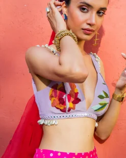Pink Bandhini, Lilac & Red Lehenga
