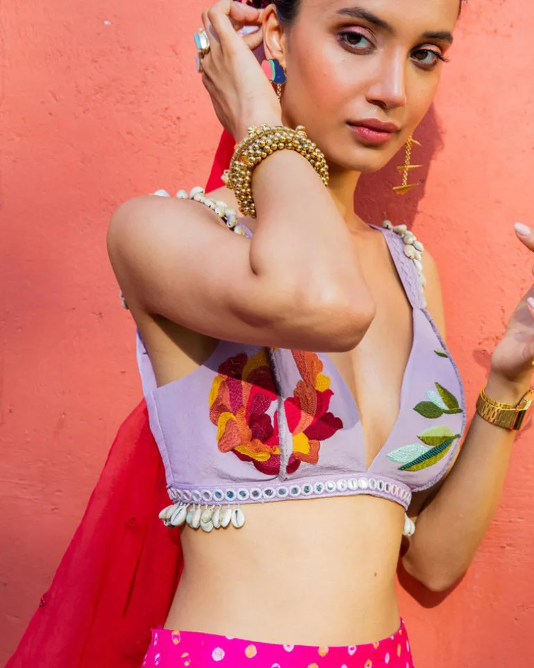 Pink Bandhini, Lilac & Red Lehenga