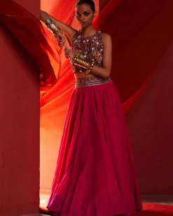 Pink Chanderi Embroidered Lehenga Set