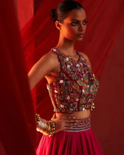 Pink Chanderi Embroidered Lehenga Set