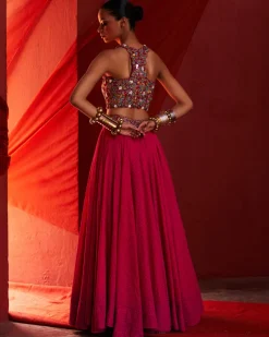 Pink Chanderi Embroidered Lehenga Set