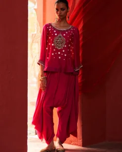 Pink Chanderi Top With Drape Pant Set