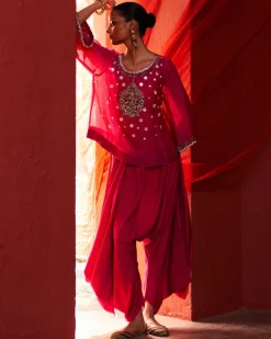Pink Chanderi Top With Drape Pant Set