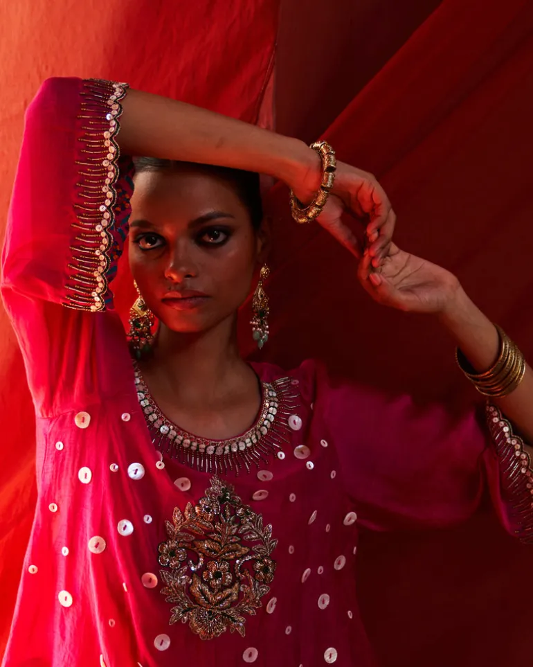 Pink Chanderi Top With Drape Pant Set