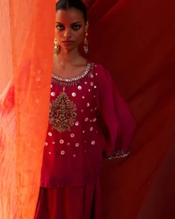 Pink Chanderi Top With Drape Pant Set
