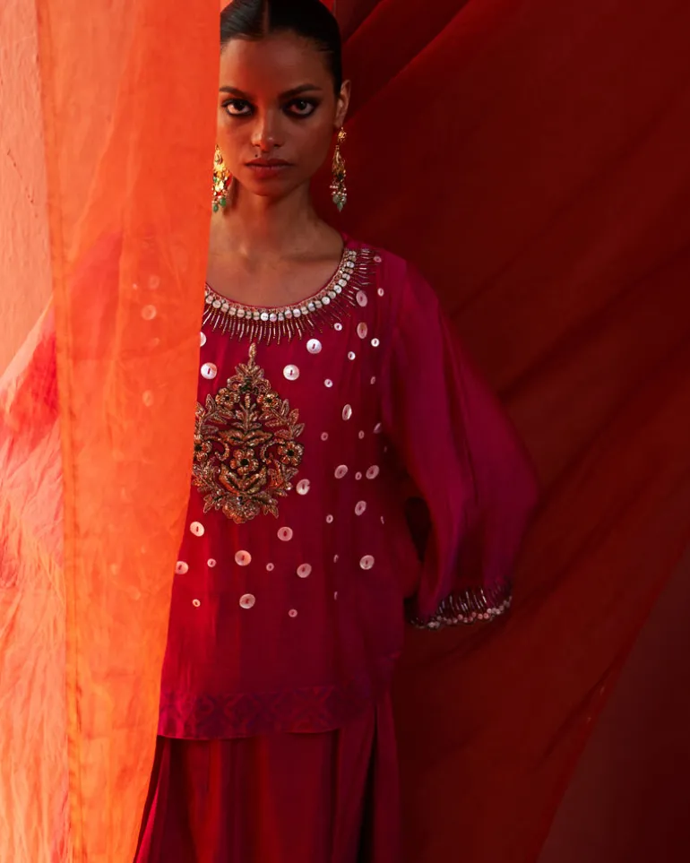 Pink Chanderi Top With Drape Pant Set