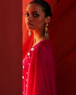 Pink Chanderi Top With Drape Pant Set