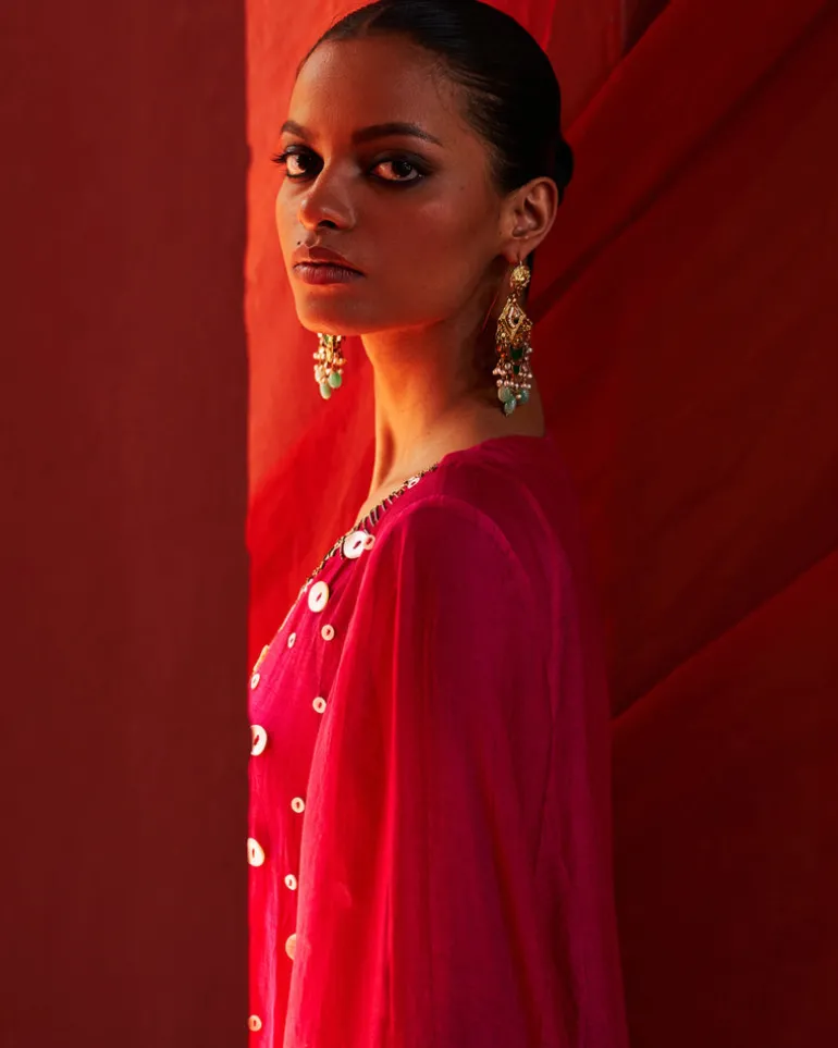 Pink Chanderi Top With Drape Pant Set