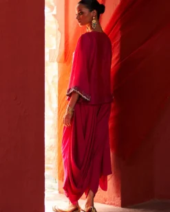 Pink Chanderi Top With Drape Pant Set
