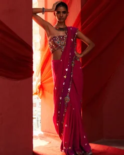 Pink Classic Embroidered Sari Set