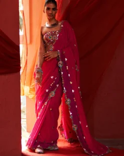 Pink Classic Embroidered Sari Set