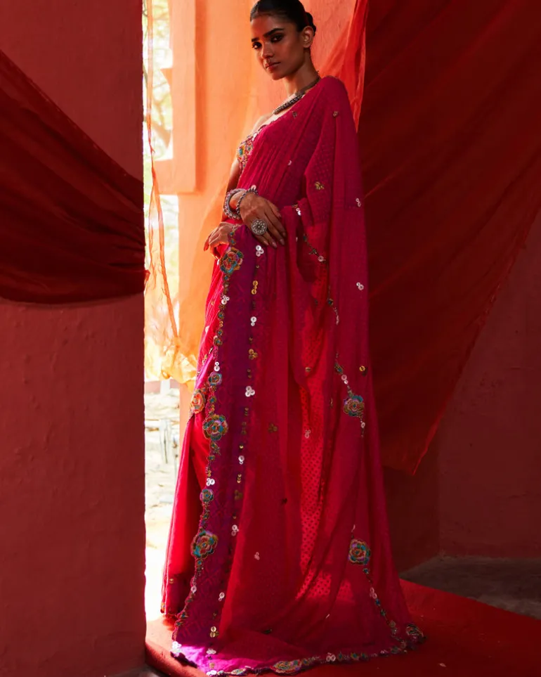 Pink Classic Embroidered Sari Set
