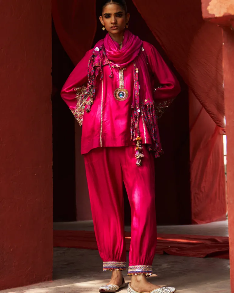 Pink Embroidered Kurta With Cropped Salwar Set