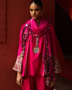 Pink Embroidered Kurta With Cropped Salwar Set
