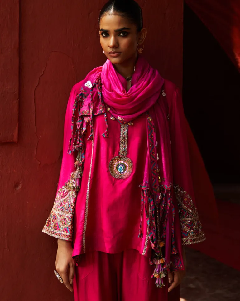 Pink Embroidered Kurta With Cropped Salwar Set