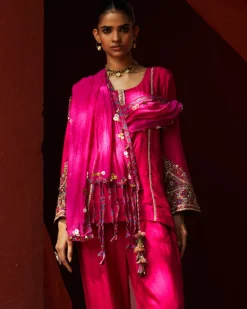 Pink Embroidered Kurta With Cropped Salwar Set