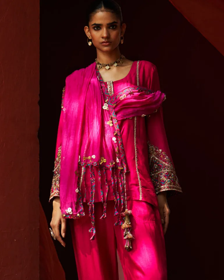 Pink Embroidered Kurta With Cropped Salwar Set