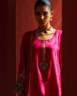 Pink Embroidered Kurta With Cropped Salwar Set