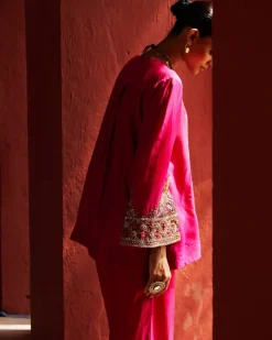 Pink Embroidered Kurta With Cropped Salwar Set