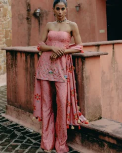 Pink Embroidered Peplum Set