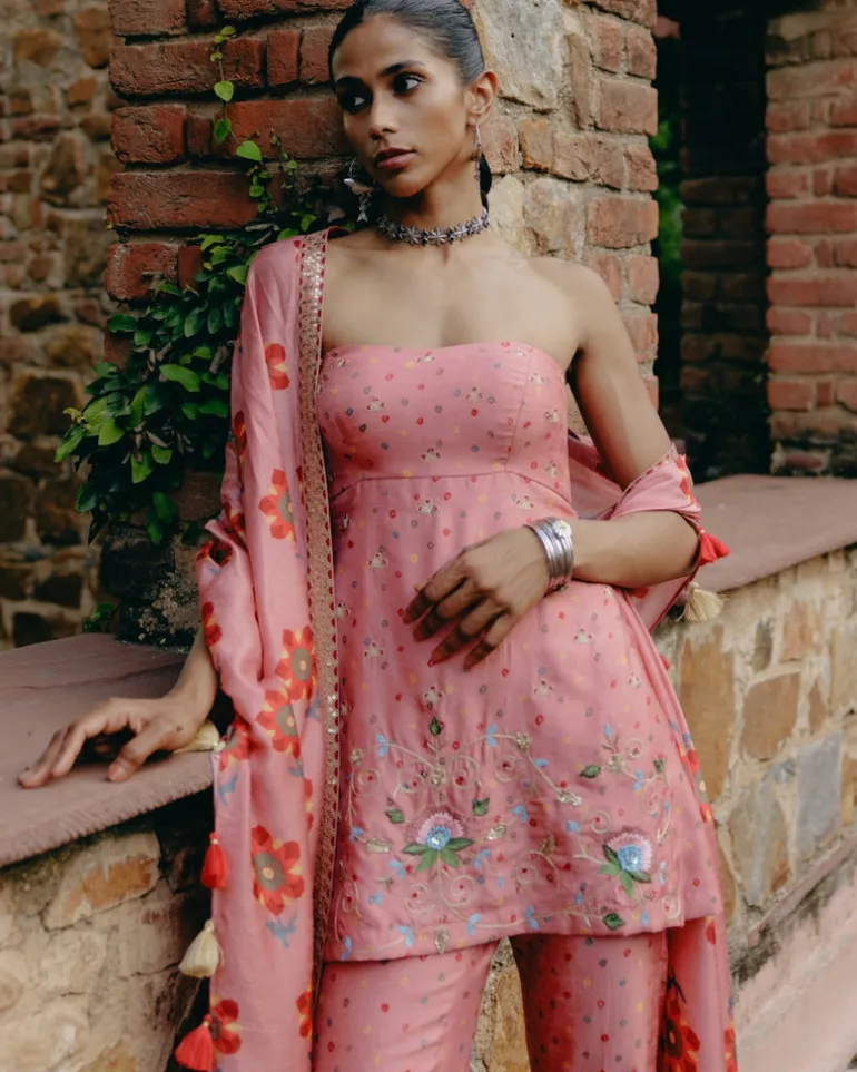 Pink Embroidered Peplum Set
