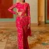 Pink Floral Printed Pre Draped Sari Set