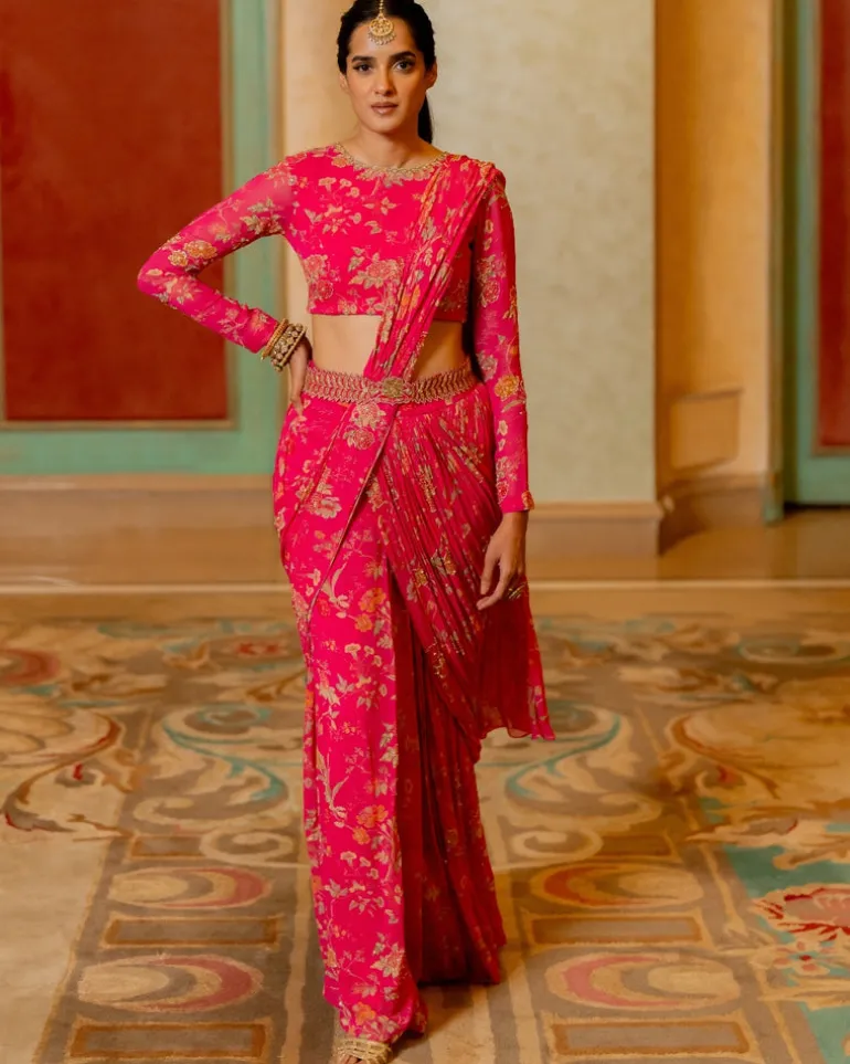 Pink Floral Printed Pre Draped Sari Set