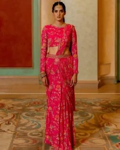 Pink Floral Printed Pre Draped Sari Set