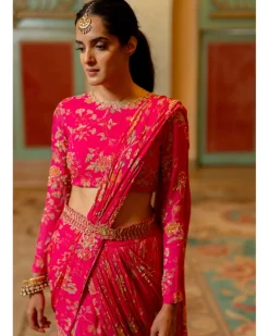 Pink Floral Printed Pre Draped Sari Set