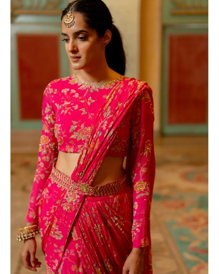 Pink Floral Printed Pre Draped Sari Set