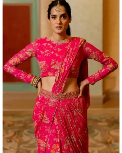 Pink Floral Printed Pre Draped Sari Set