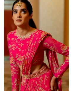 Pink Floral Printed Pre Draped Sari Set