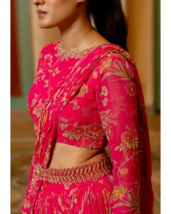 Pink Floral Printed Pre Draped Sari Set