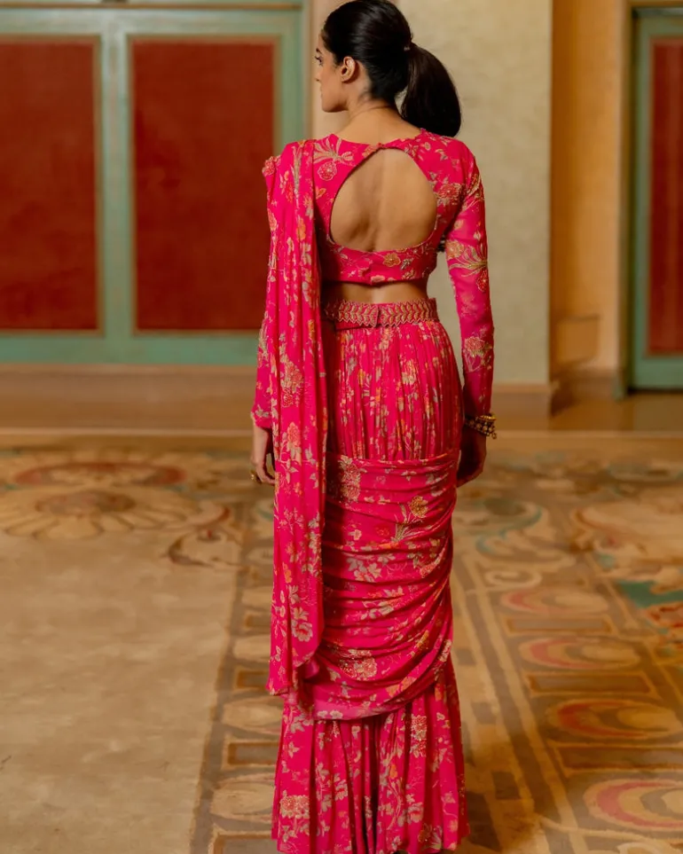 Pink Floral Printed Pre Draped Sari Set