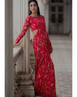 Pink Georgette Embroidery Pre-Stitched Sari Set