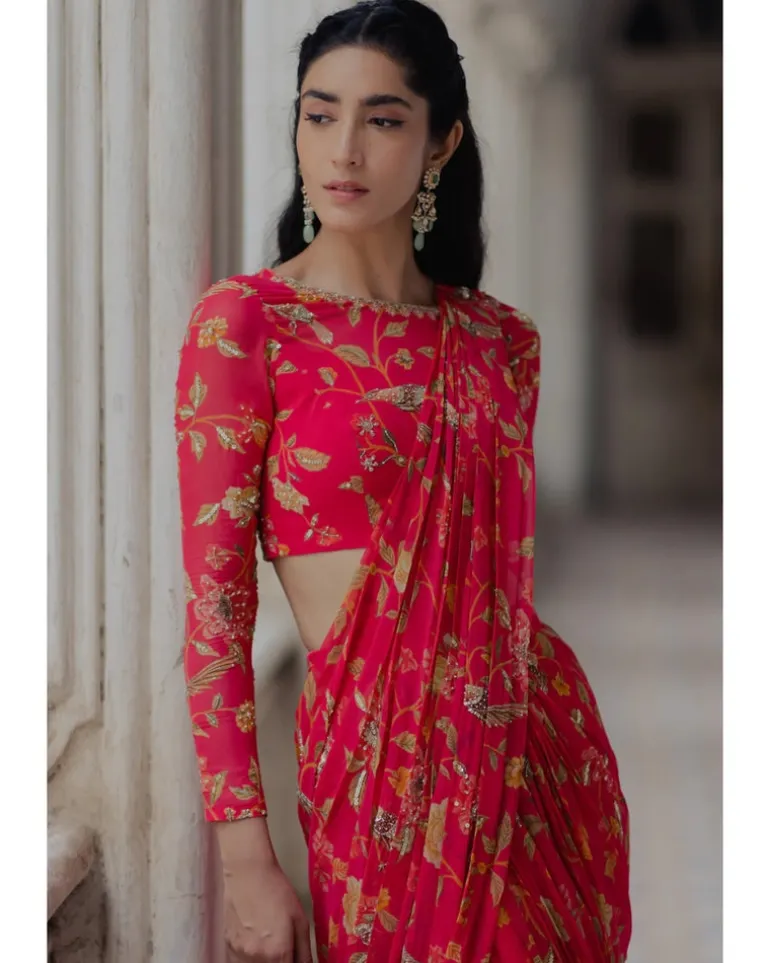 Pink Georgette Embroidery Pre-Stitched Sari Set
