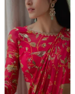 Pink Georgette Embroidery Pre-Stitched Sari Set