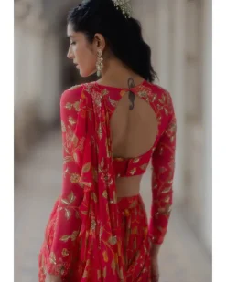 Pink Georgette Embroidery Pre-Stitched Sari Set